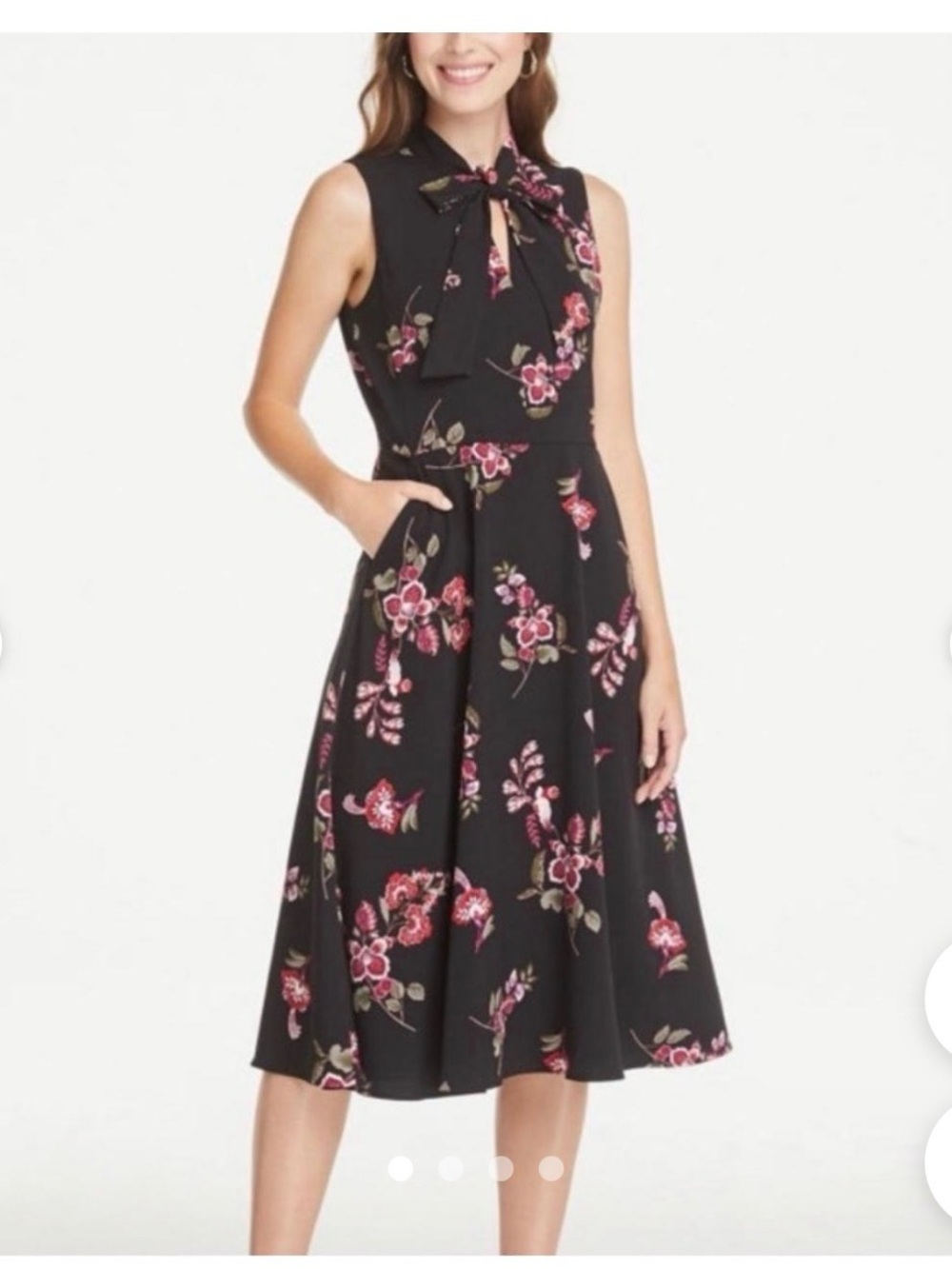 Ann Taylor Black Midi Dress with Pink Floral Tie-Neck
